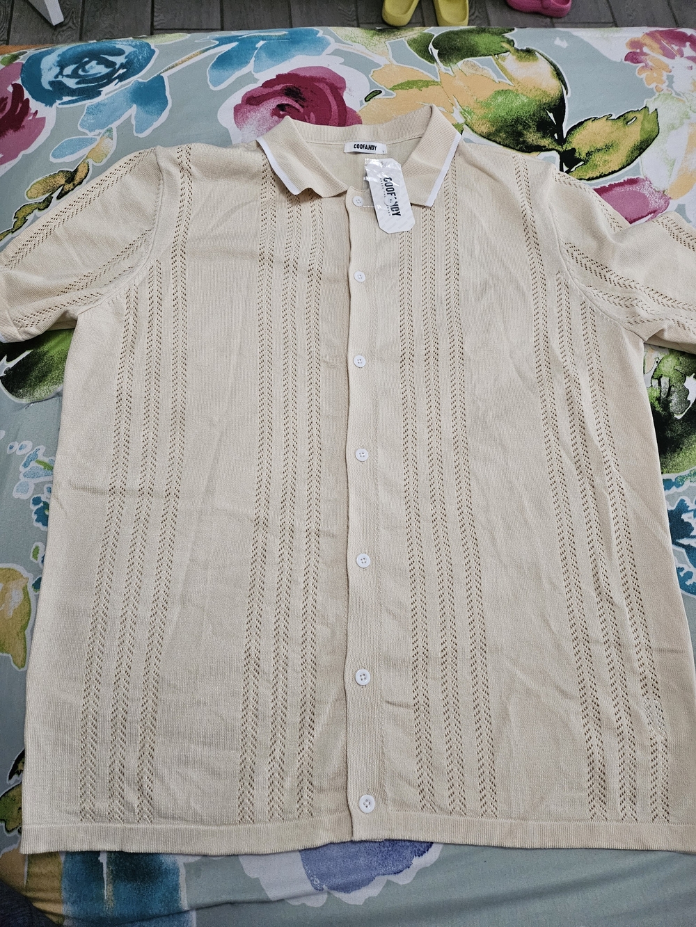 Men's Short-Sleeve Button-Down Knit Shirt — Light Beige